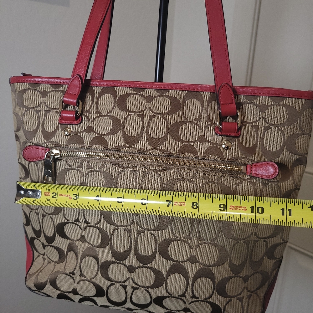 Authentic Coach Khaki/Cardinal Signature Zip Top Tote Bag - Pre Loved - Picture 4 of 11